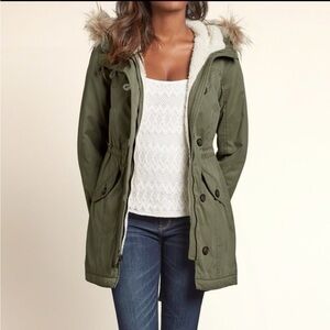 Hollister Khaki Utility Jacket with Faux Fur Hood